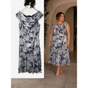 Tadashi Shoji Cocktail Dress Size 14 Chiffon Floral Rouched Dark Romantic NWT